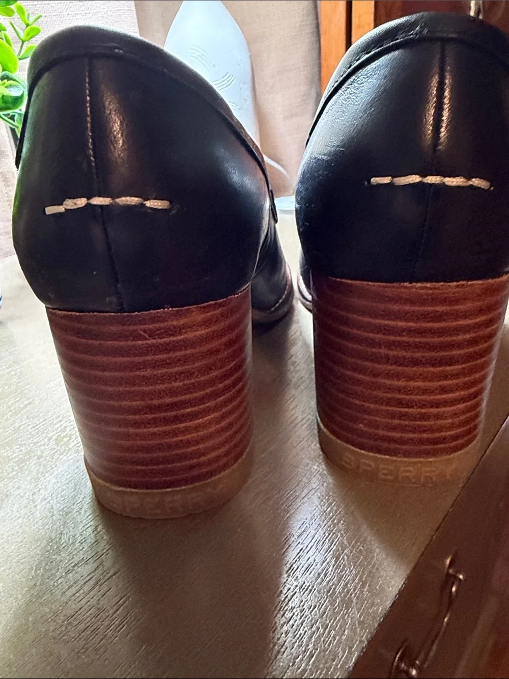 Sperry Black Leather Penny Loafers with Contrast Stitching